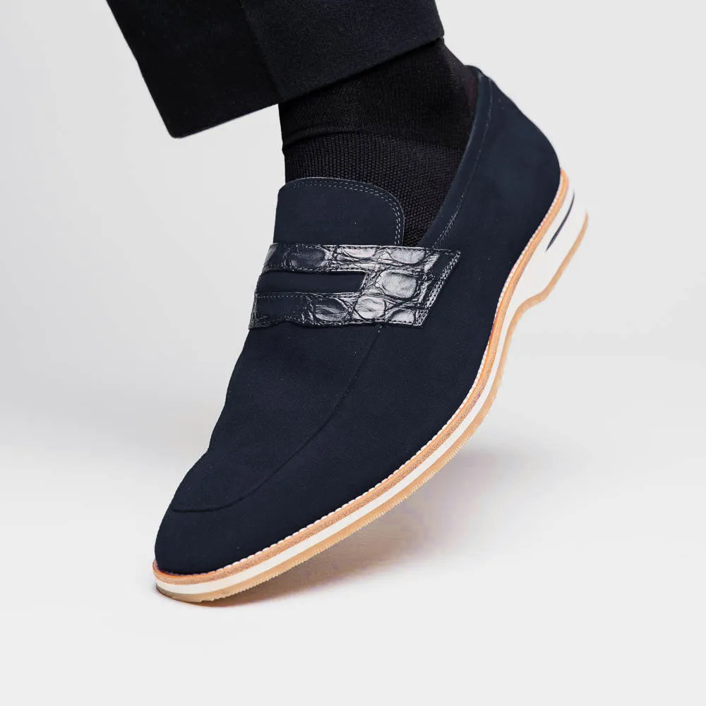 11-020-NVY MEO 3 Sueded Goatskin Penny Loafer, Navy