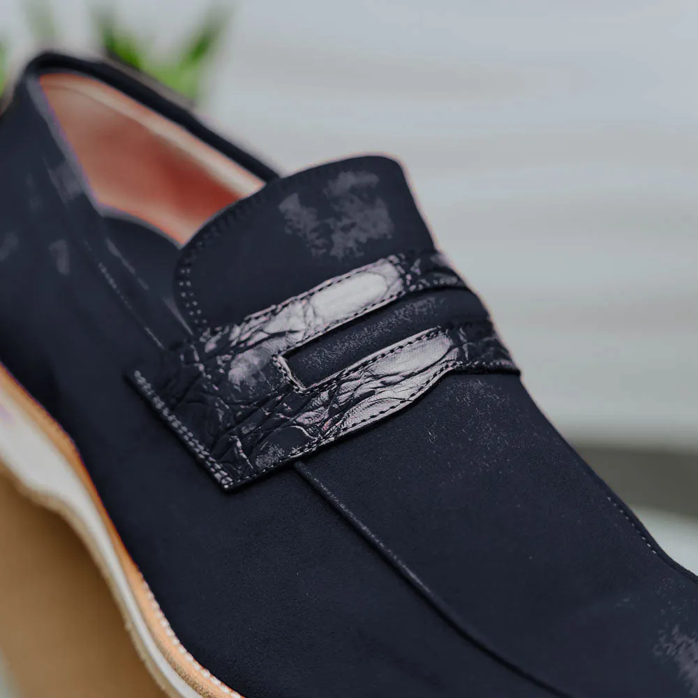 11-020-NVY MEO 3 Sueded Goatskin Penny Loafer, Navy