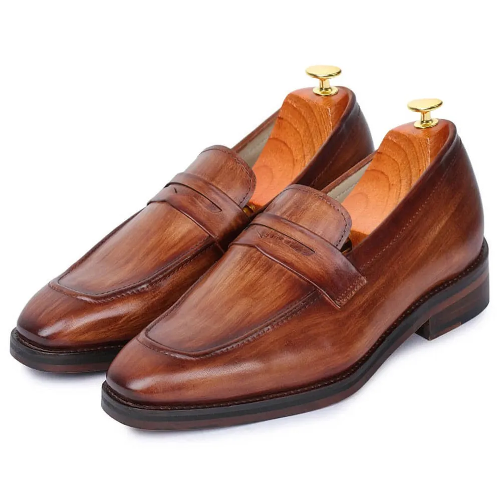 7 CM / 2.76 Inches Taller - CMR CHAMARIPA  Height Increasing Shoes For Men - Handcrafted Penny Loafers -Tan