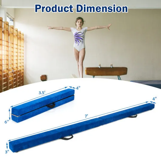 7 Feet Folding Portable Floor Balance Beam with Handles for Gymnasts-Blue