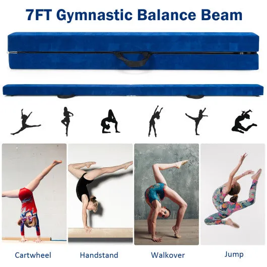 7 Feet Folding Portable Floor Balance Beam with Handles for Gymnasts-Blue