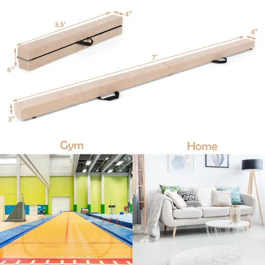 7 Feet Folding Portable Floor Balance Beam with Handles for Gymnasts-Brown