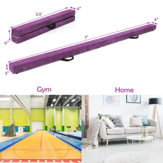 7 Feet Folding Portable Floor Balance Beam with Handles for Gymnasts-Purple