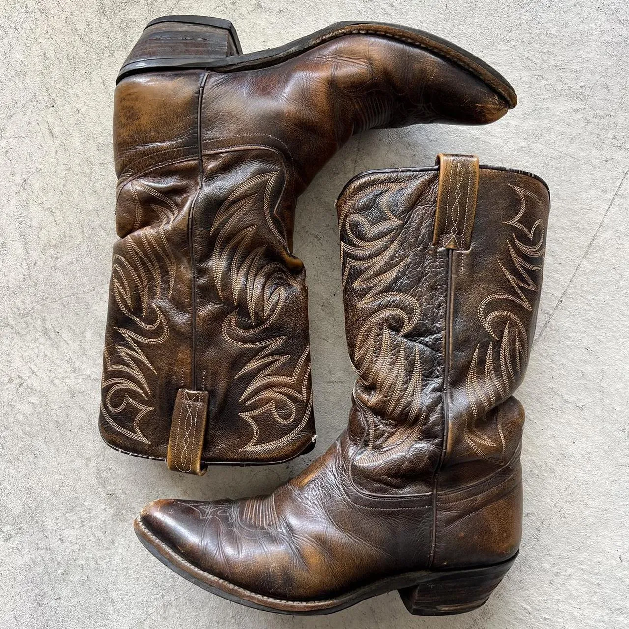 90s Faded Brown Detailed Leather Cowboy Boots- M's 10.5, W's 12