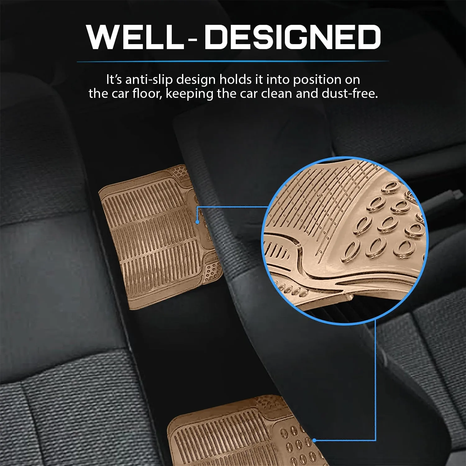 Anti-Skid Rubber Car Floor Mat for All Cars, Universal Size, All-Weather Protection Heavy Duty PVC Car Foot Mats with Anti Tear Technology, Automotive Floor Mats, Set of 4 Pieces, Beige