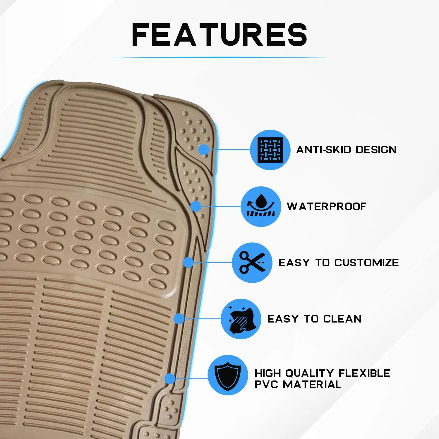 Anti-Skid Rubber Car Floor Mat for All Cars, Universal Size, All-Weather Protection Heavy Duty PVC Car Foot Mats with Anti Tear Technology, Automotive Floor Mats, Set of 4 Pieces, Beige