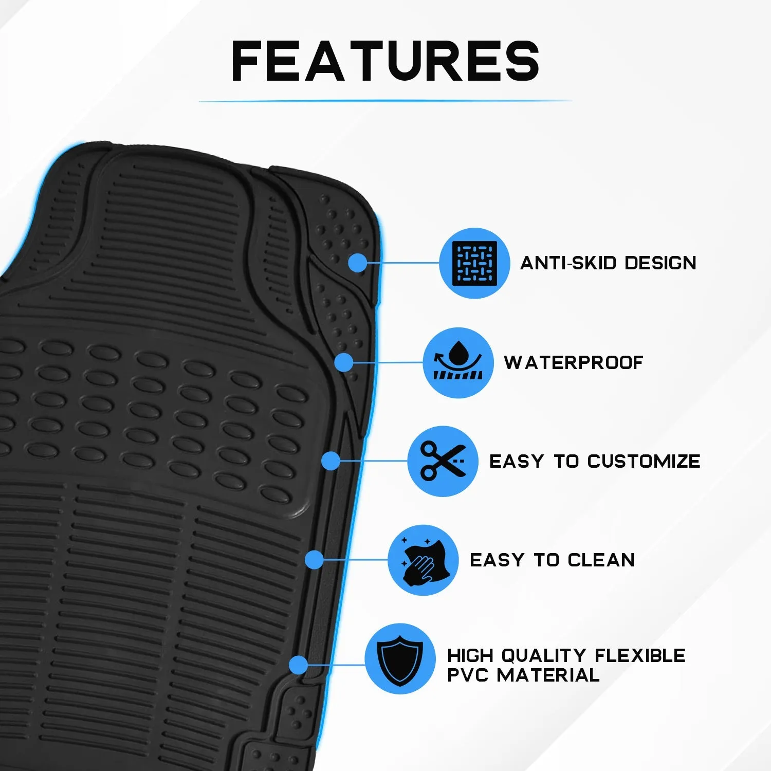 Anti-Skid Rubber Car Floor Mat for All Cars, Universal Size, All-Weather Protection Heavy Duty PVC Car Foot Mats with Anti Tear Technology, Automotive Floor Mats, Set of 4 Pieces, Black