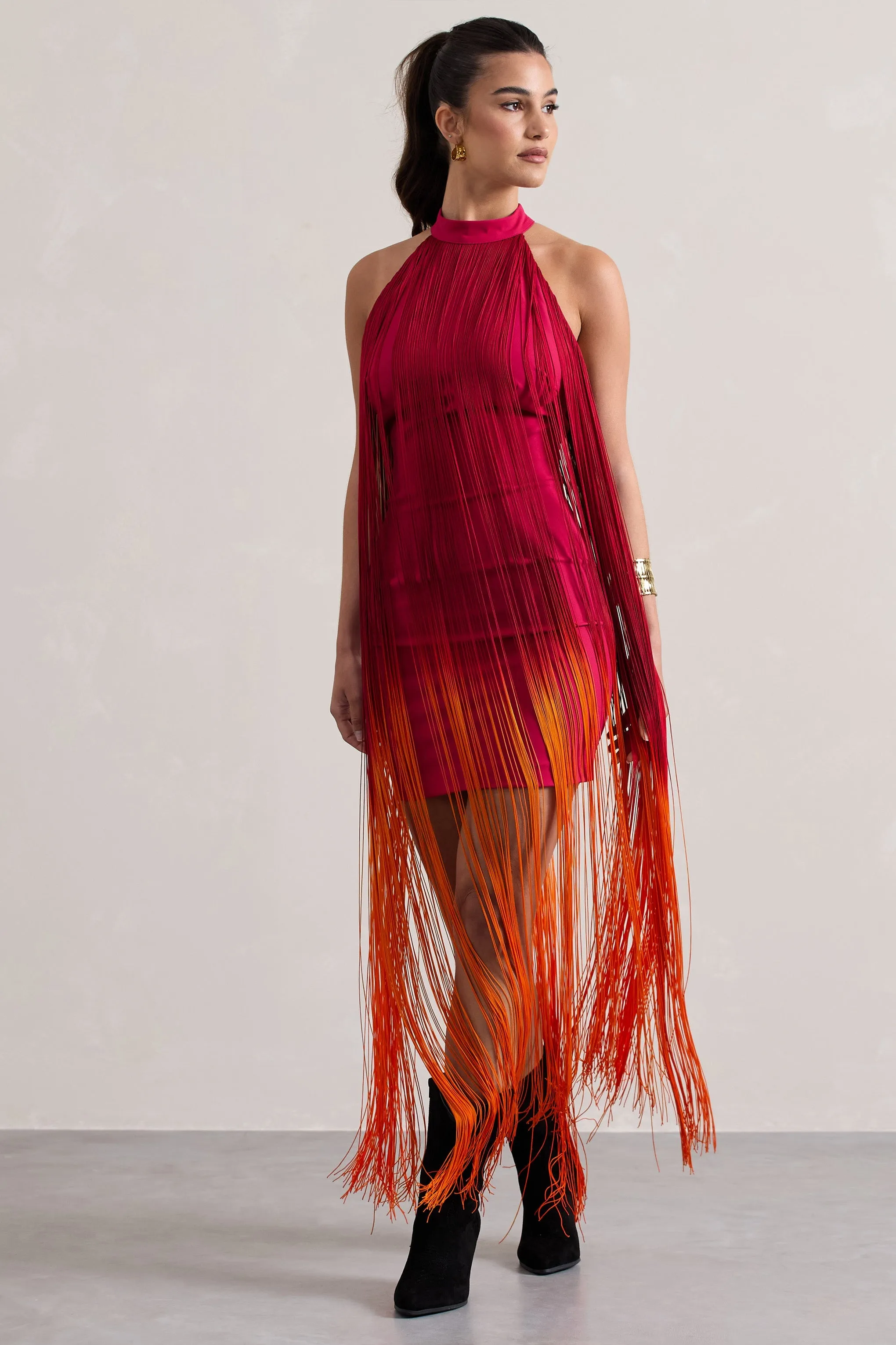 Arizona | Pink & Orange Ombre Fringe High-Neck Mini Dress