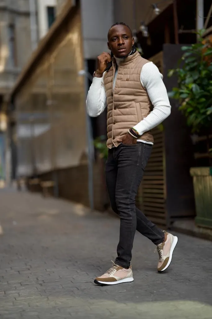 Beige Slim Fit Puffer Vest for Men by GentWith.com