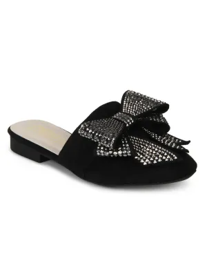 Black Bowed Open Back Slip-On Flats