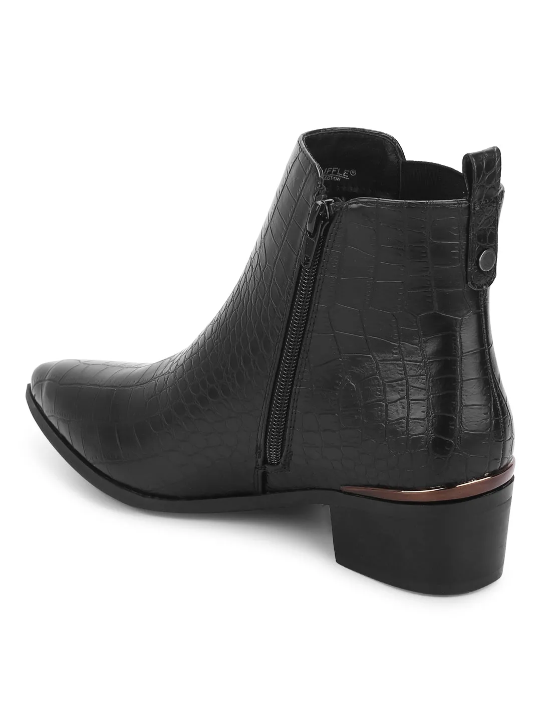 Black Croc PU Low Heel Ankle Length Boots