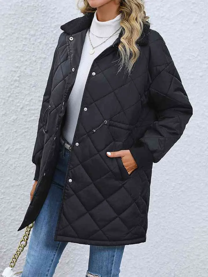 Black Drawstring Waist Longline Puffer Winter Coat