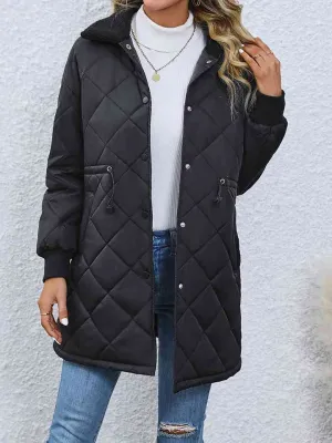 Black Drawstring Waist Longline Puffer Winter Coat