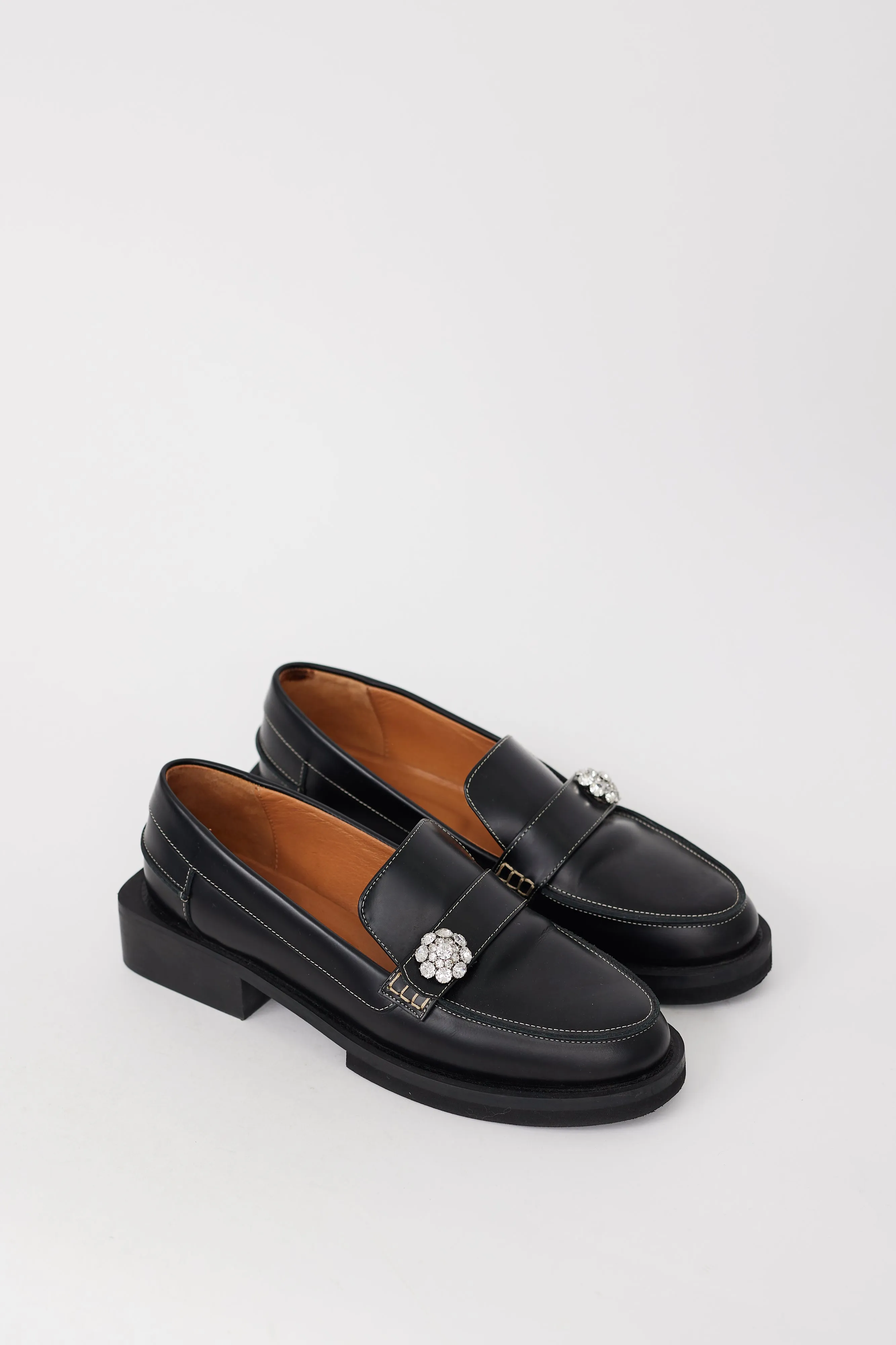 Black Leather Embellished Block Heel Loafer