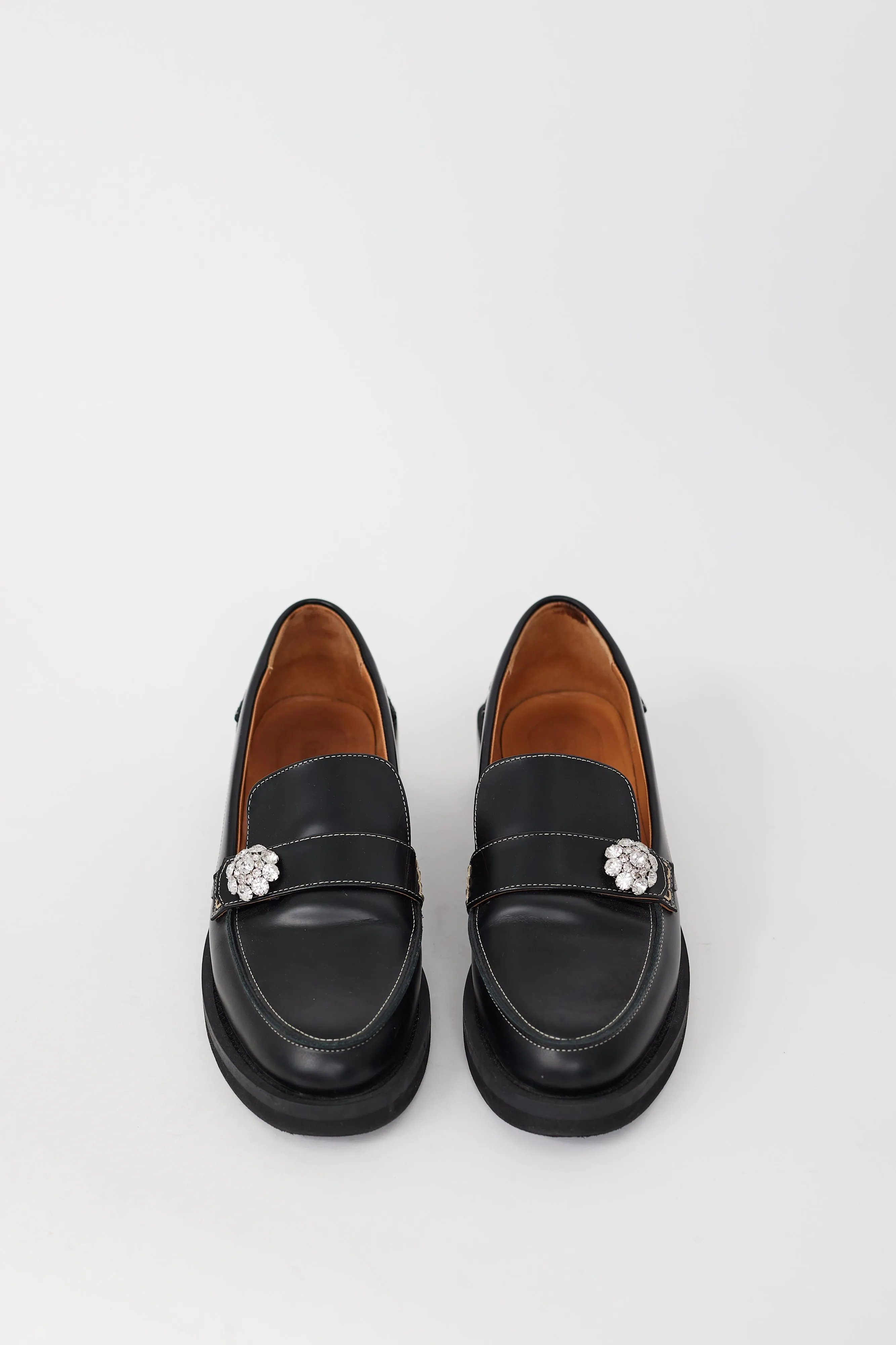 Black Leather Embellished Block Heel Loafer