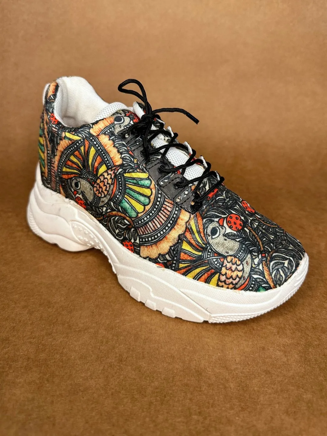 Black Madhubani Art Printed Sneakers