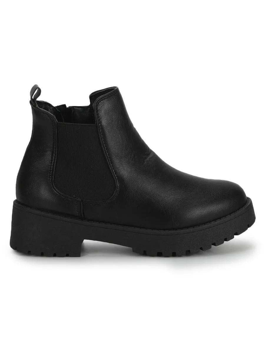 Black PU Slip On Low Heel Ankle Boots