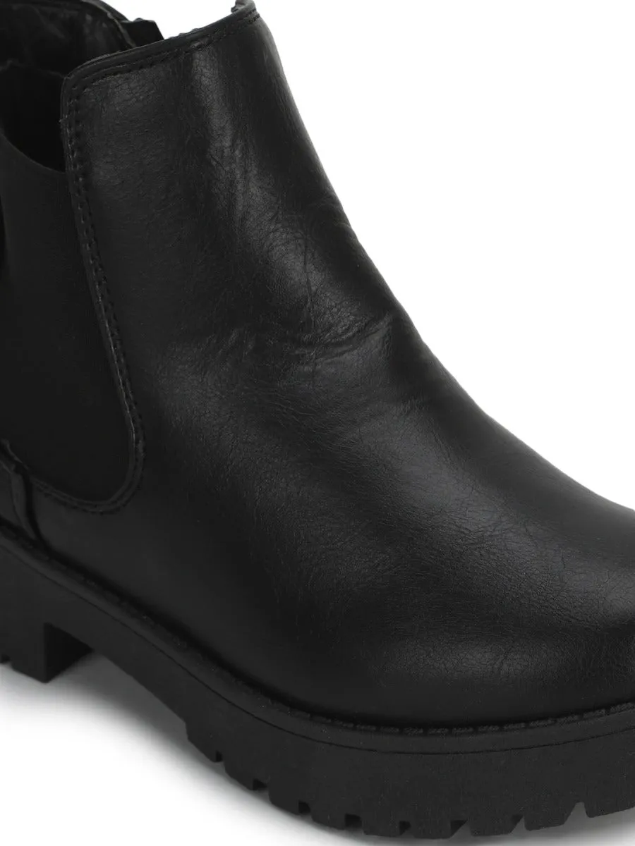 Black PU Slip On Low Heel Ankle Boots