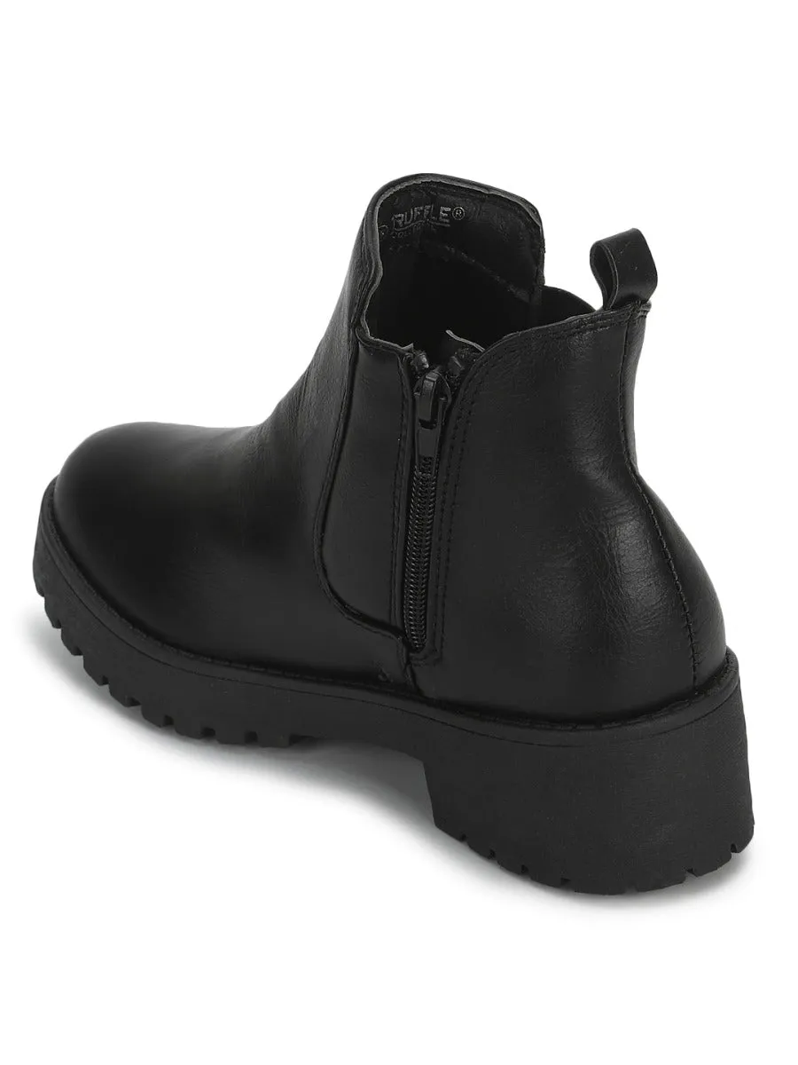 Black PU Slip On Low Heel Ankle Boots