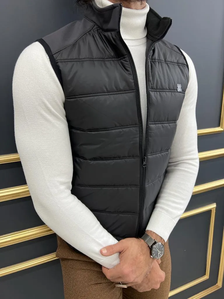 Black Slim Fit Zippered Puffer Vest for Men by GentWith.com