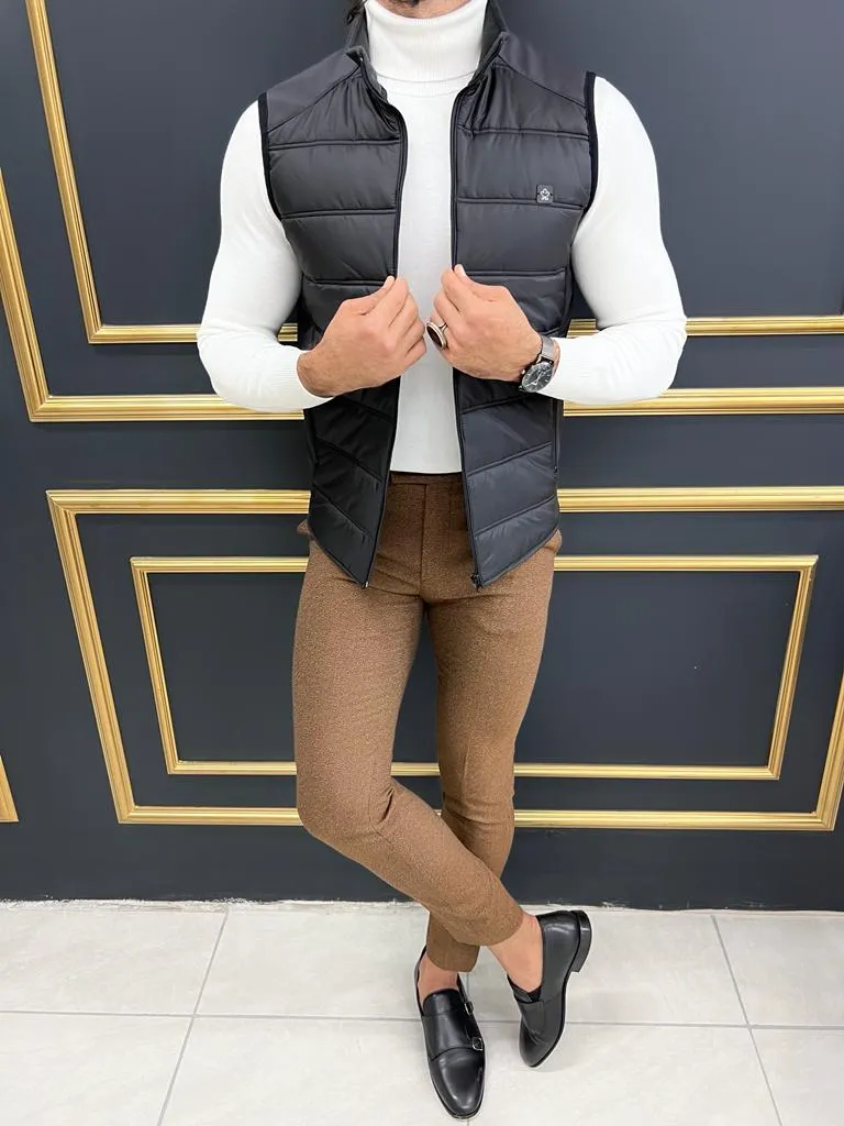 Black Slim Fit Zippered Puffer Vest for Men by GentWith.com