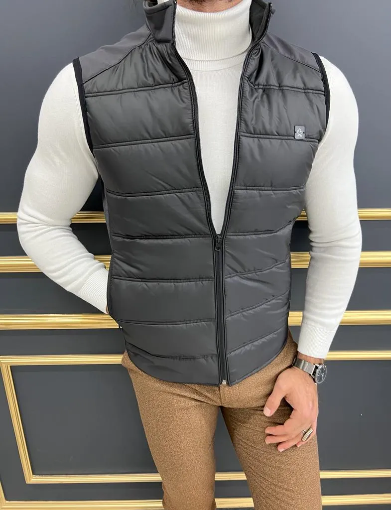 Black Slim Fit Zippered Puffer Vest for Men by GentWith.com