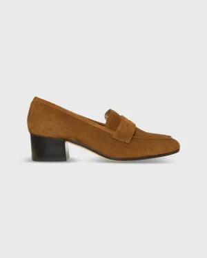 Block Heel Penny Loafer in Cigar Suede