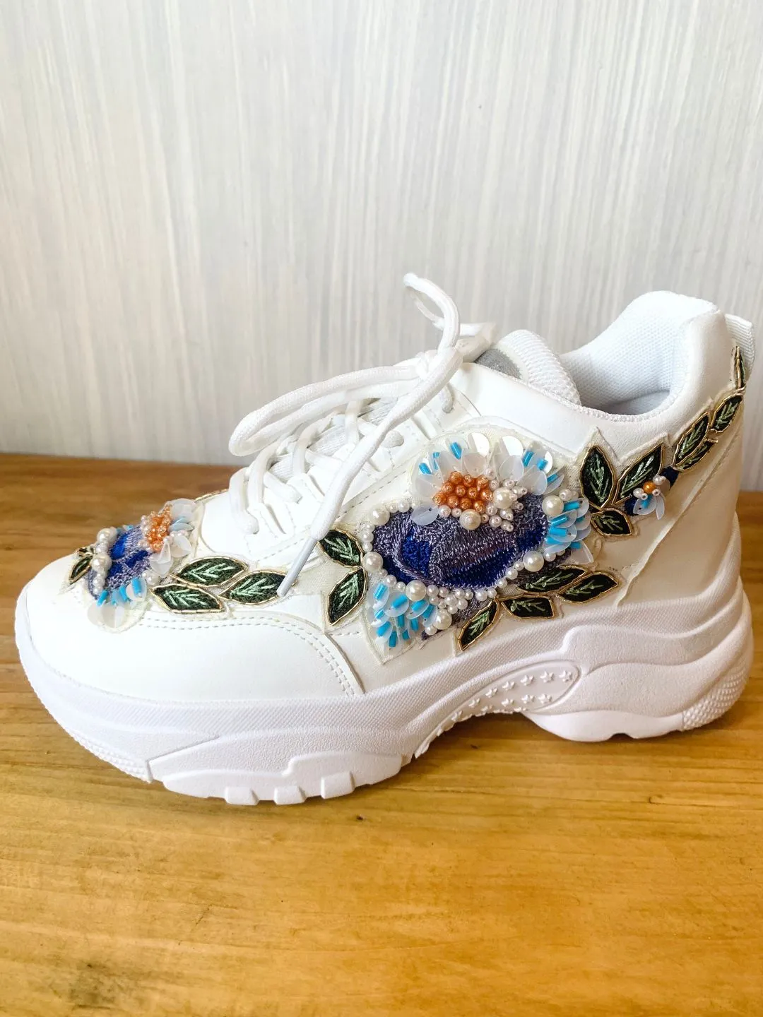 Blue Hand Embroidered Designer Sneakers