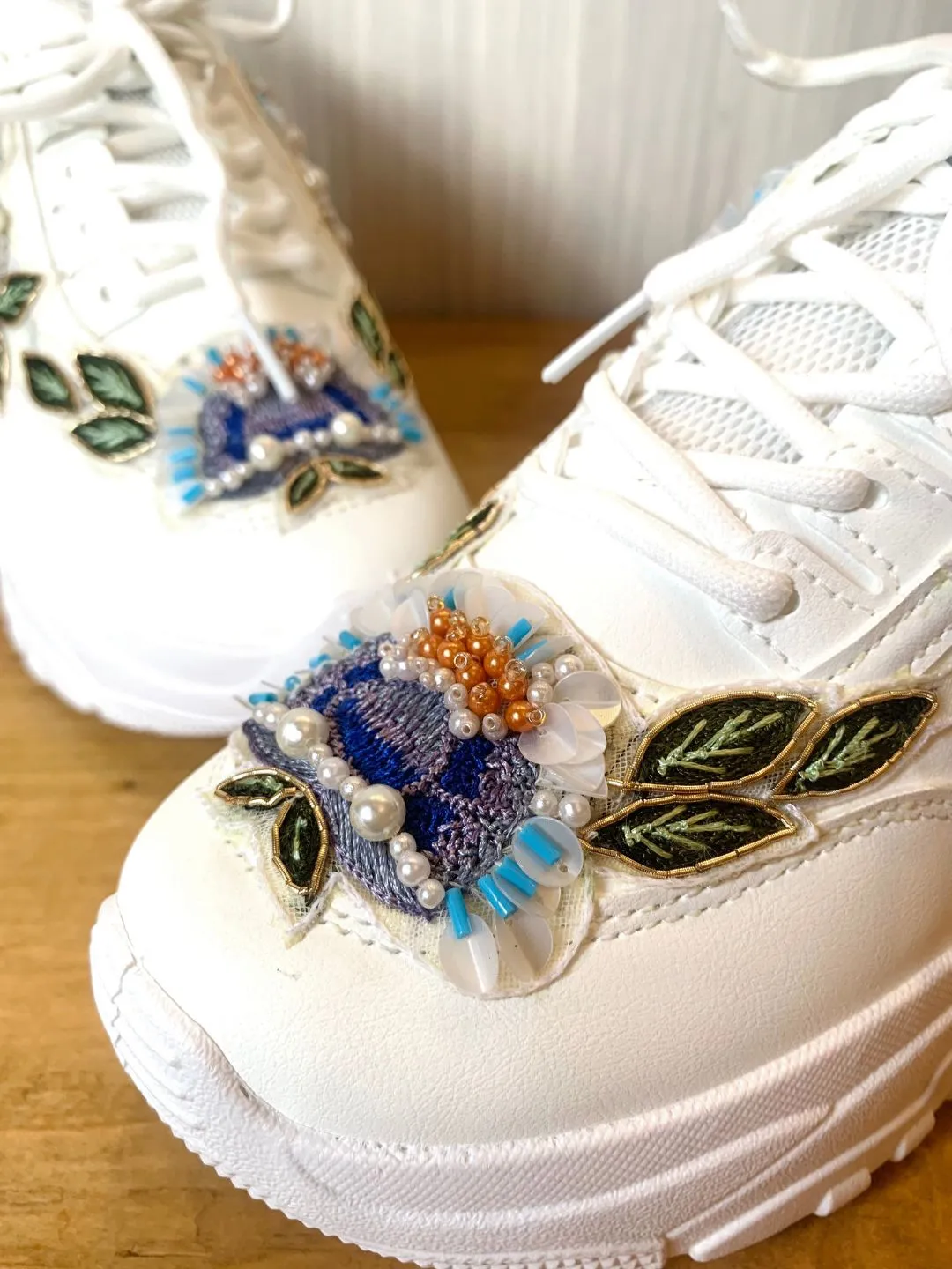 Blue Hand Embroidered Designer Sneakers