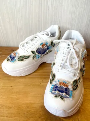 Blue Hand Embroidered Designer Sneakers