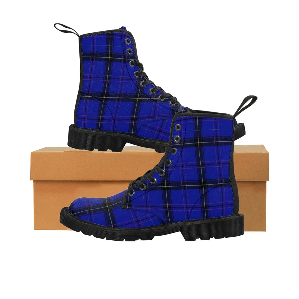 Blue Plaid Print Men's Boots, Best Blue Tartan Plaid Print Fashionable Canvas Hiking Winter Boots Laced Up Hiker Shoes For Men