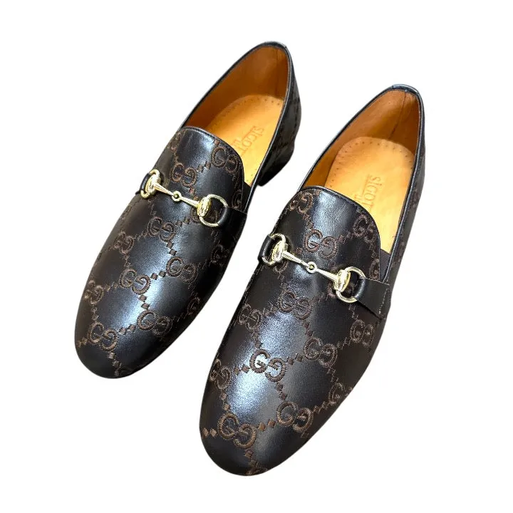 Brown Men's Luxury Trendy Loafers Slip-on Dress Shoes with Gold Buckle Style No: 1150