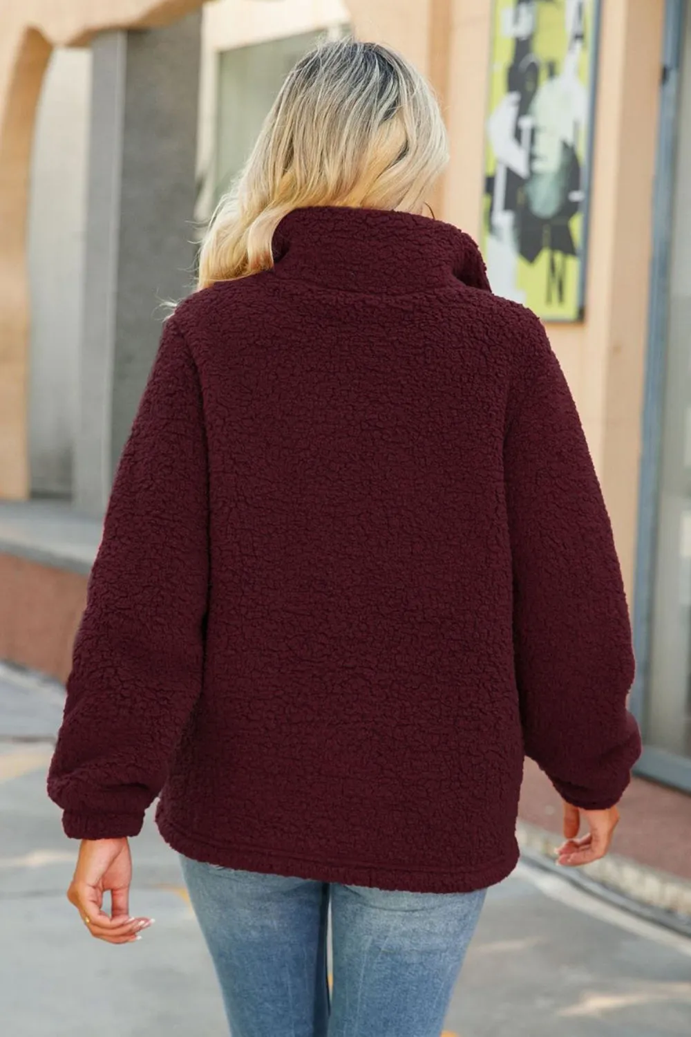 Burgundy Fleece Button Down Coat With Pockets