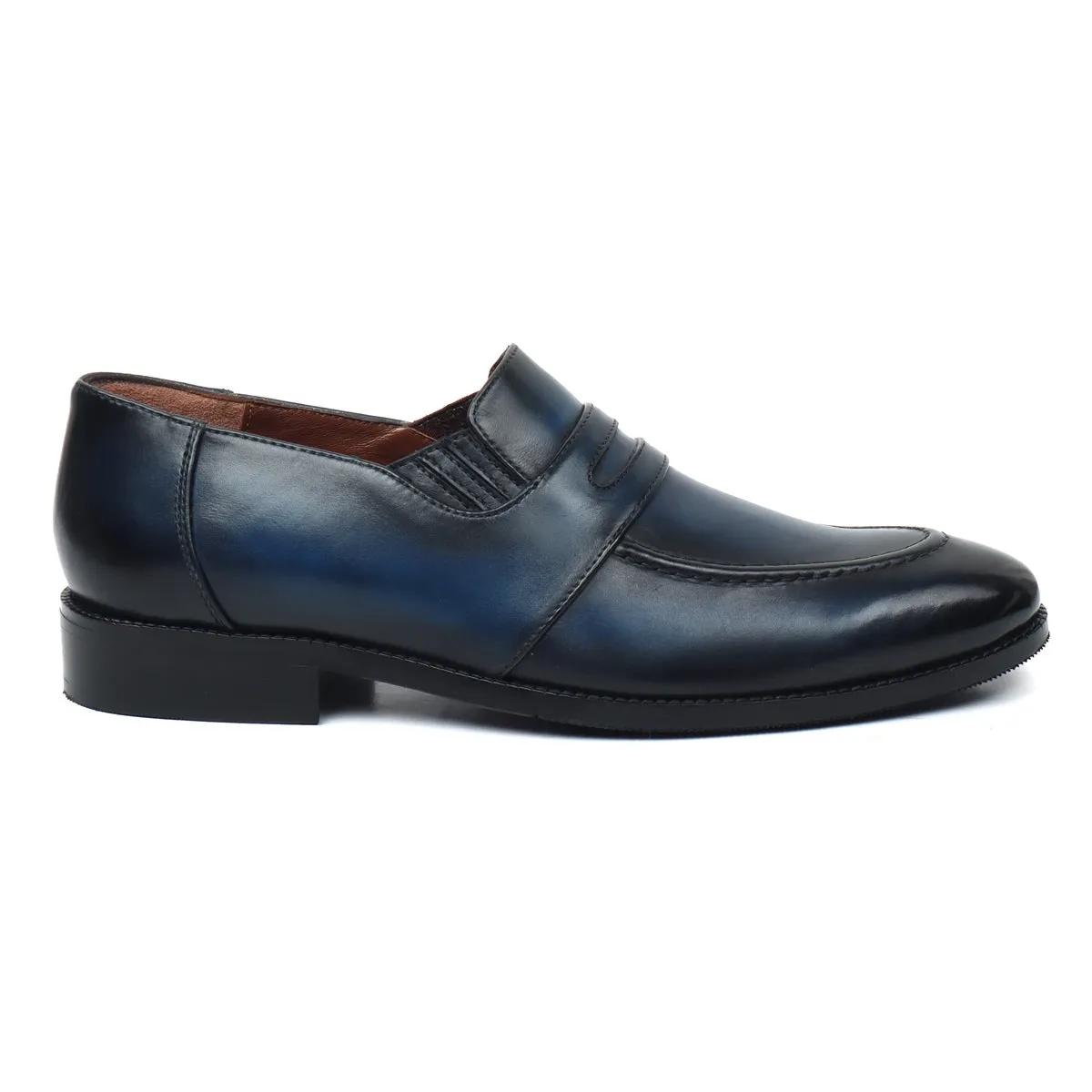 Burnished Darker Blue Penny Loafers in Genuine Leather