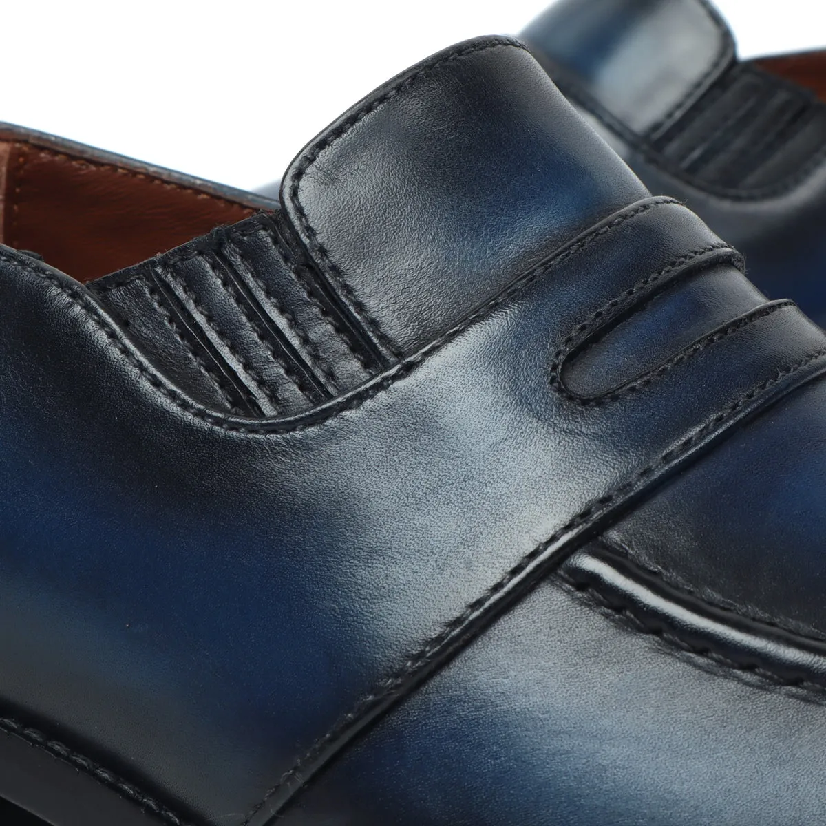 Burnished Darker Blue Penny Loafers in Genuine Leather