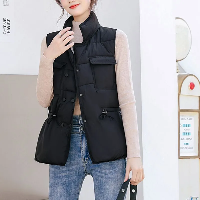 Button Drawstring Waist Quilted Vest Puffer Gilets Sleeveless Bodywarmer