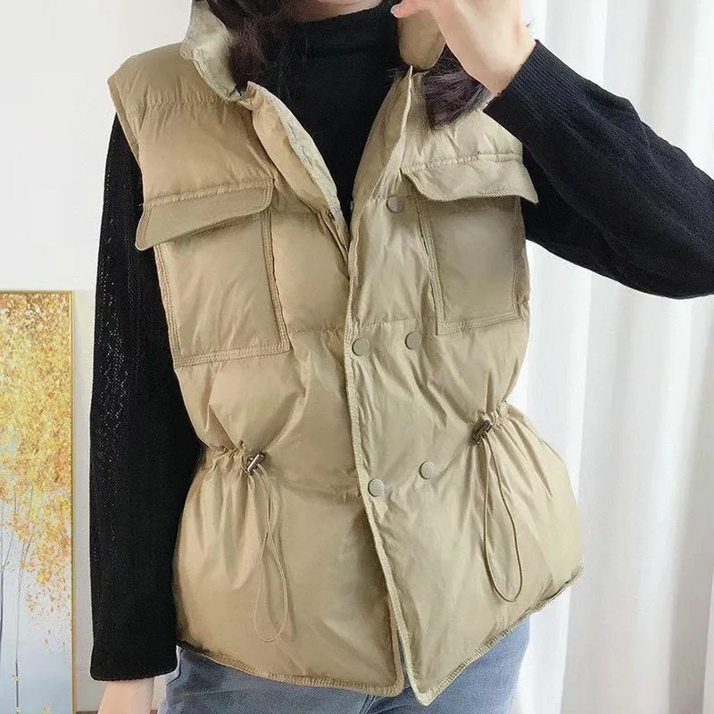 Button Drawstring Waist Quilted Vest Puffer Gilets Sleeveless Bodywarmer