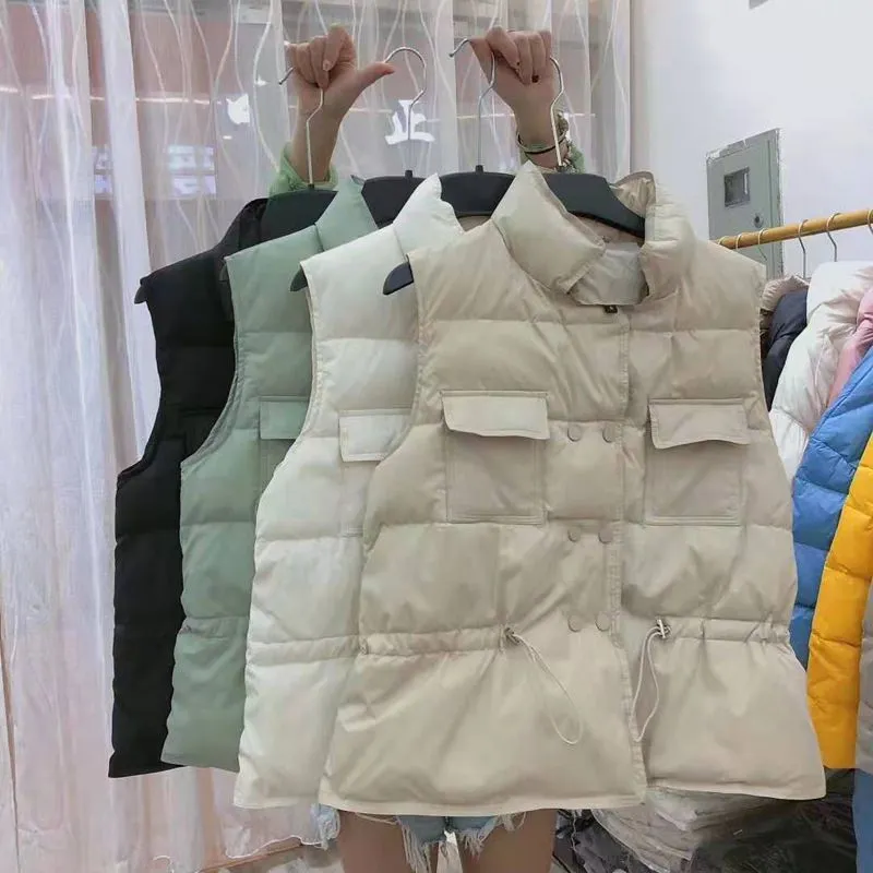 Button Drawstring Waist Quilted Vest Puffer Gilets Sleeveless Bodywarmer