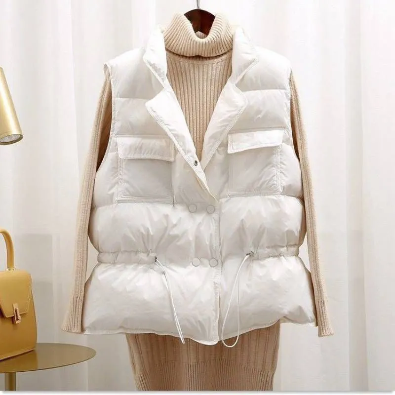 Button Drawstring Waist Quilted Vest Puffer Gilets Sleeveless Bodywarmer