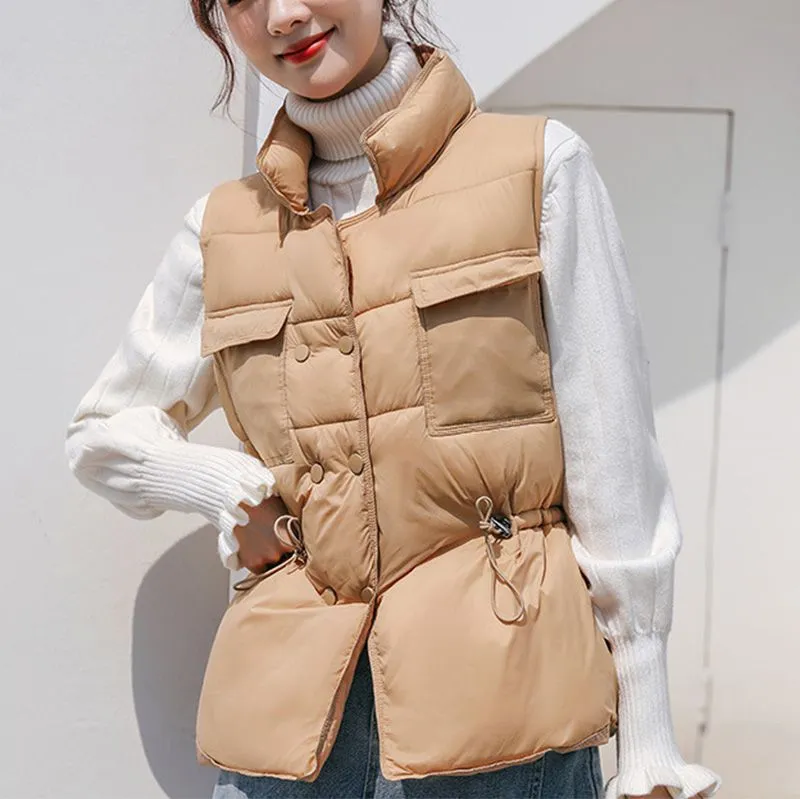 Button Drawstring Waist Quilted Vest Puffer Gilets Sleeveless Bodywarmer