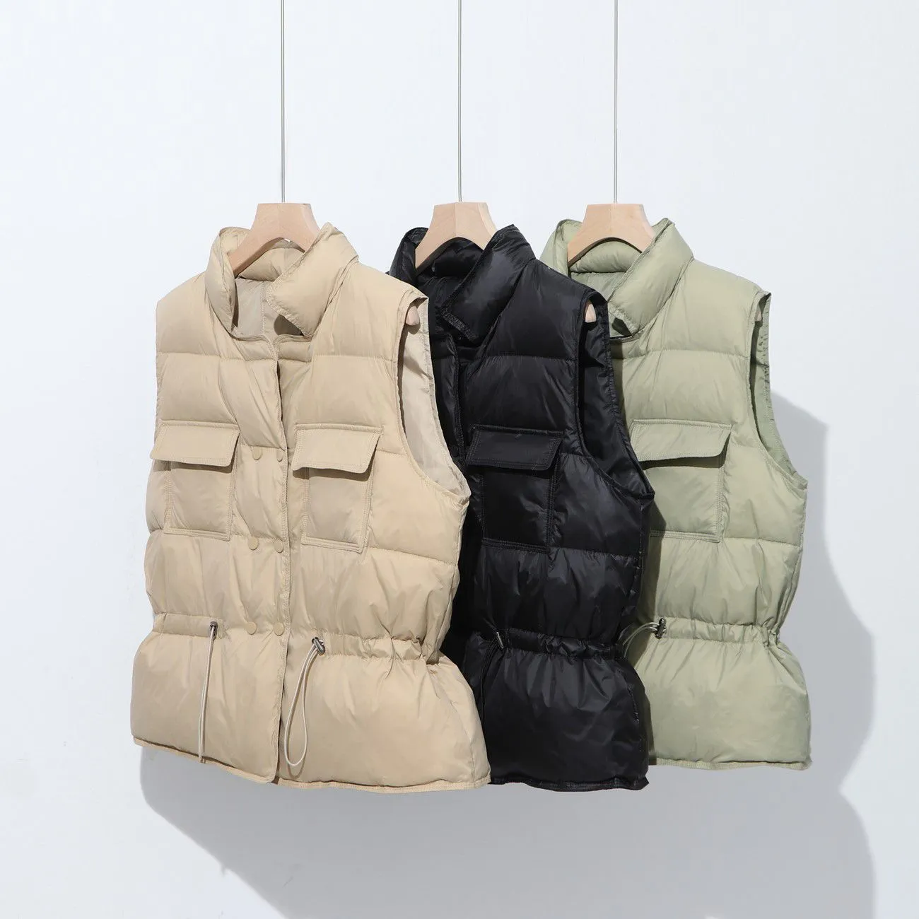 Button Drawstring Waist Quilted Vest Puffer Gilets Sleeveless Bodywarmer