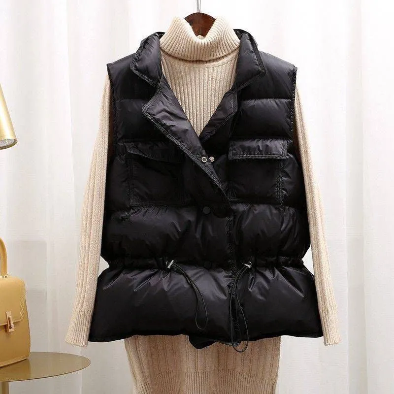 Button Drawstring Waist Quilted Vest Puffer Gilets Sleeveless Bodywarmer