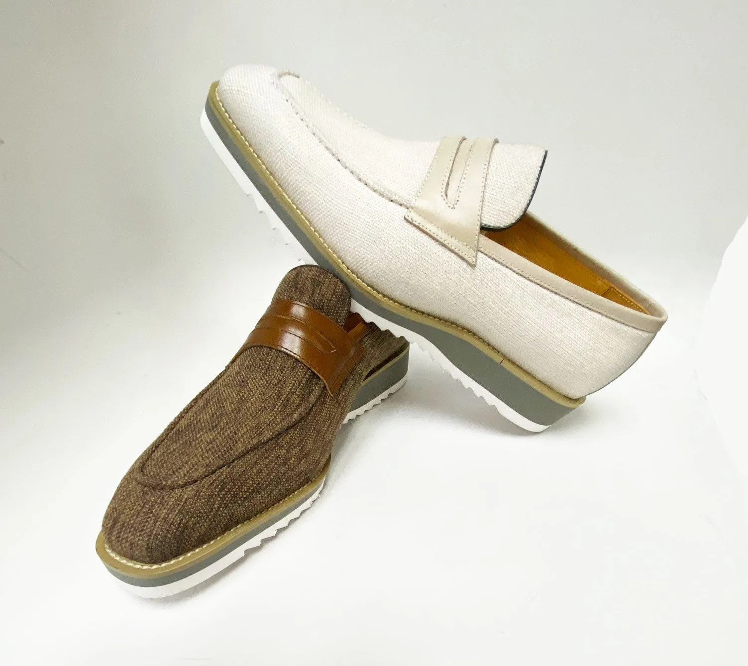 Canvas & Calfskin Slip-On Penny Loafer Brown