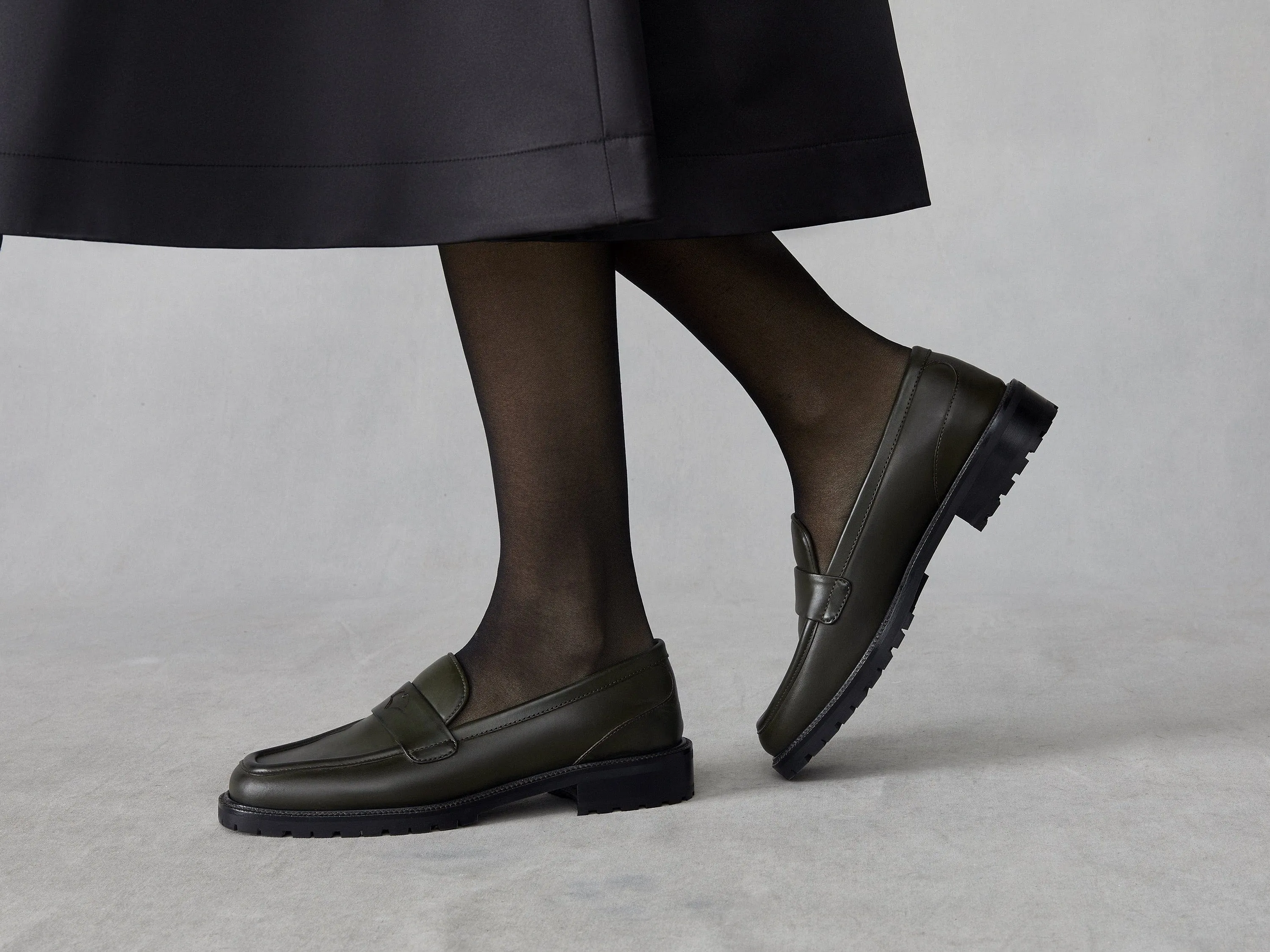 Charlotte Penny Loafers in Deep Green Calf with Rubber Sole