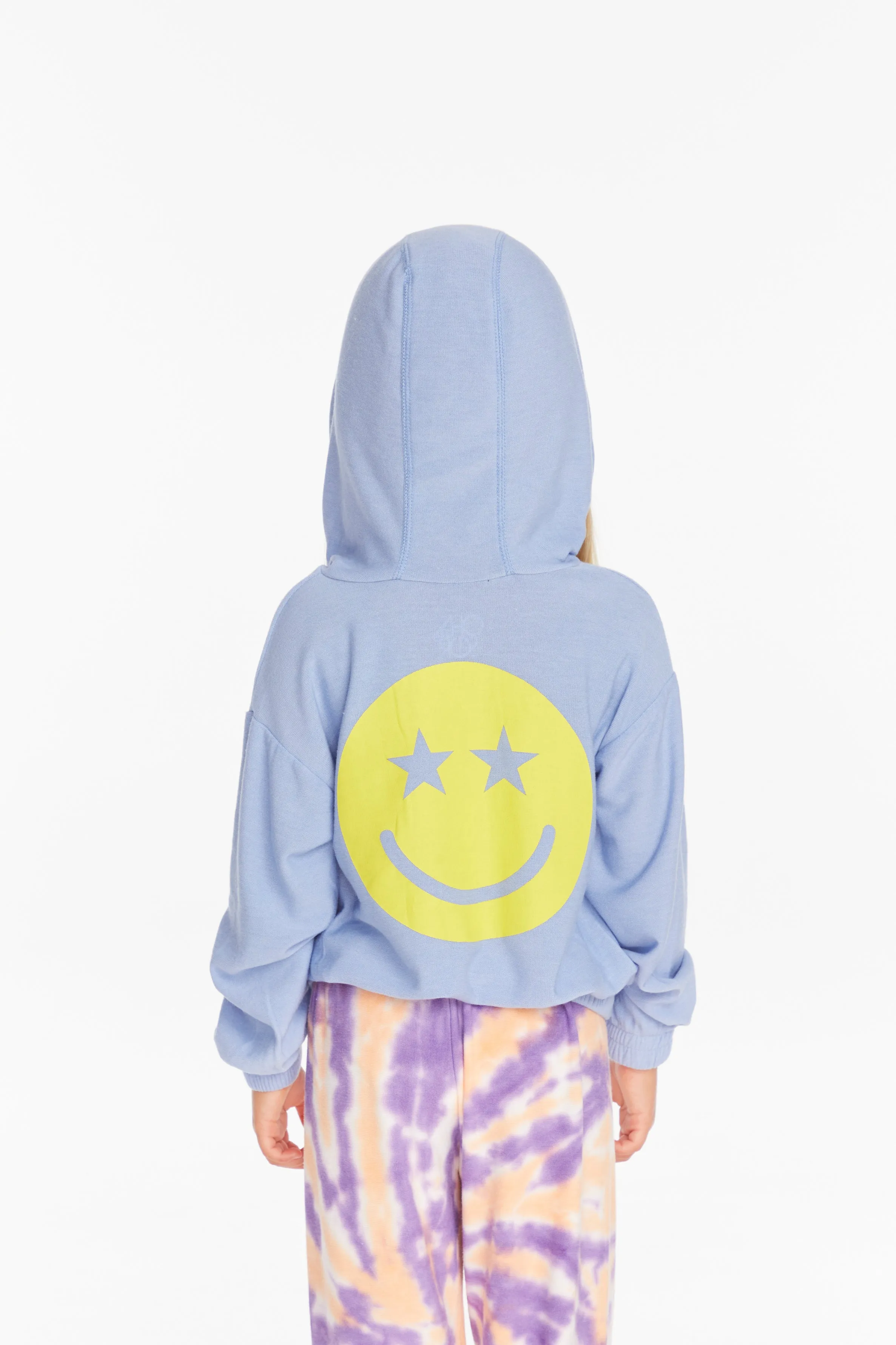 Chaser Star Smiley Semi Cropped Shirred Hoodie Pullover