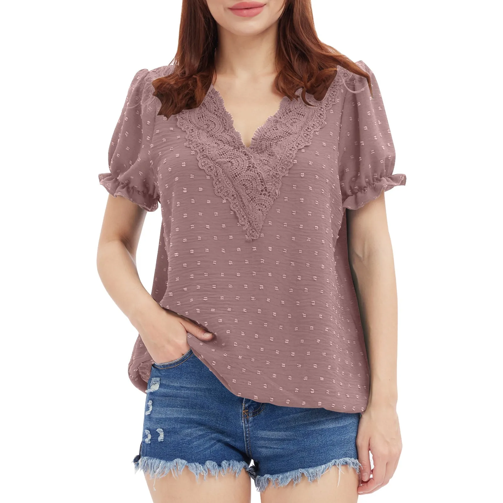 Chiffon V-Neck Lace Short Sleeve Tops