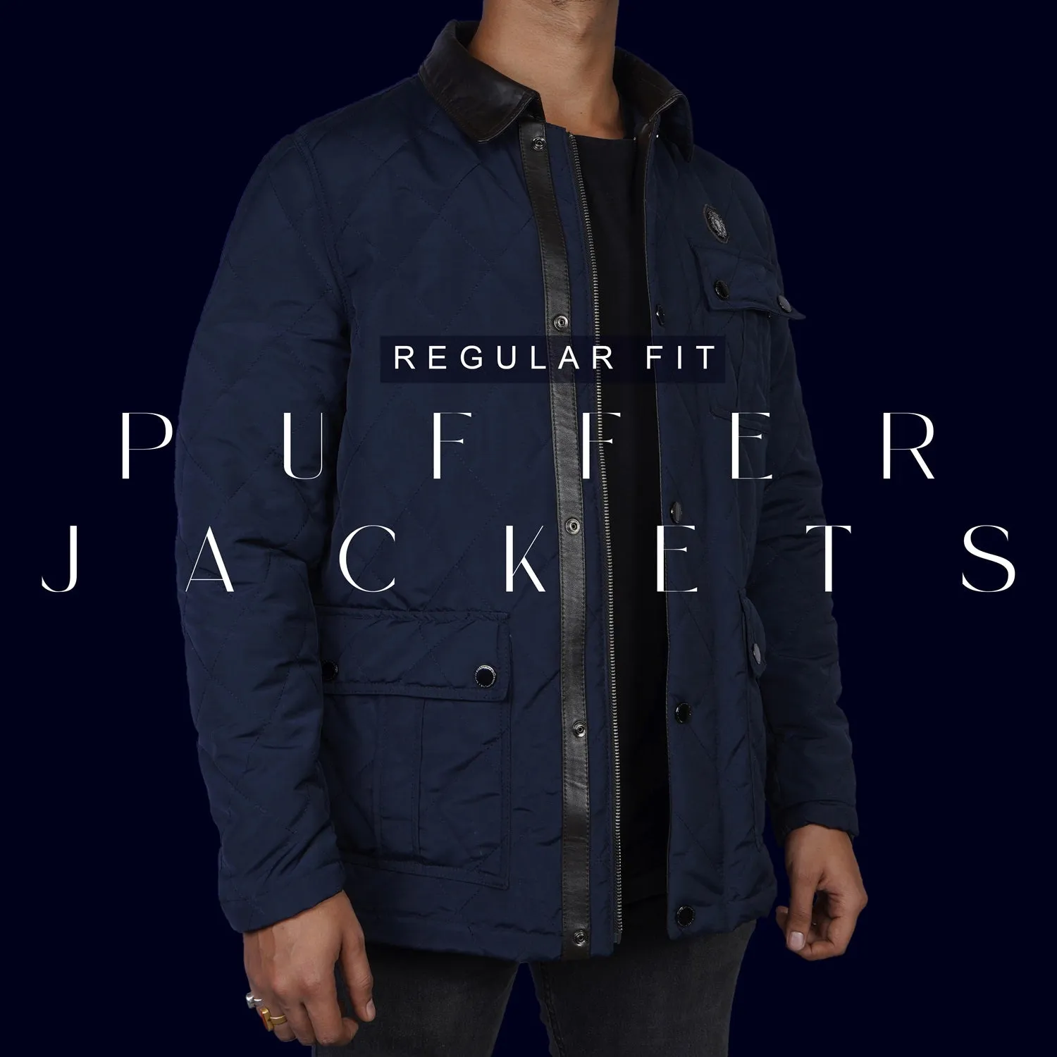 Contrasting Blue Puffer Jacket with Multi Flap Pockets