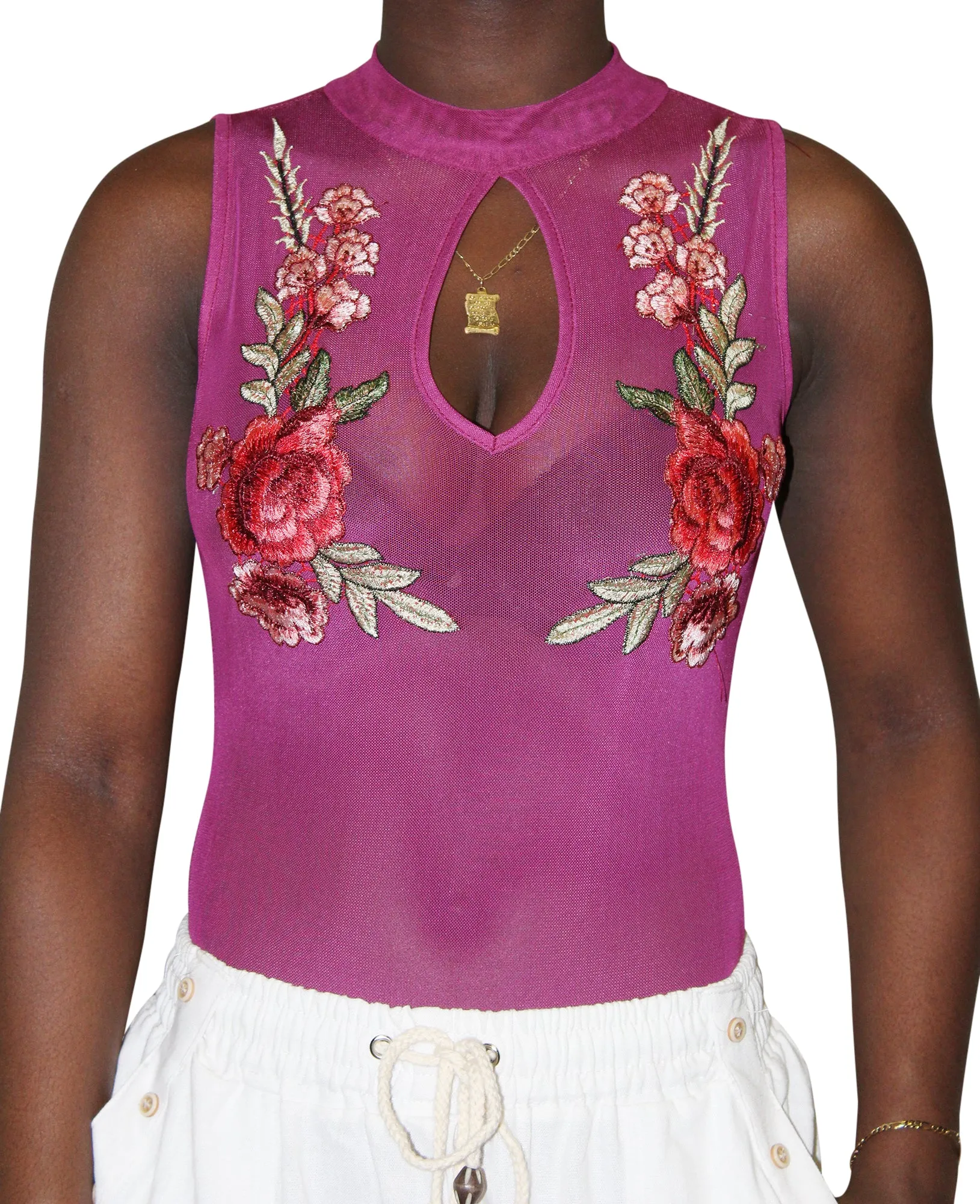 Cotton Candy Women's Embroided Floral Mesh Bodysuit