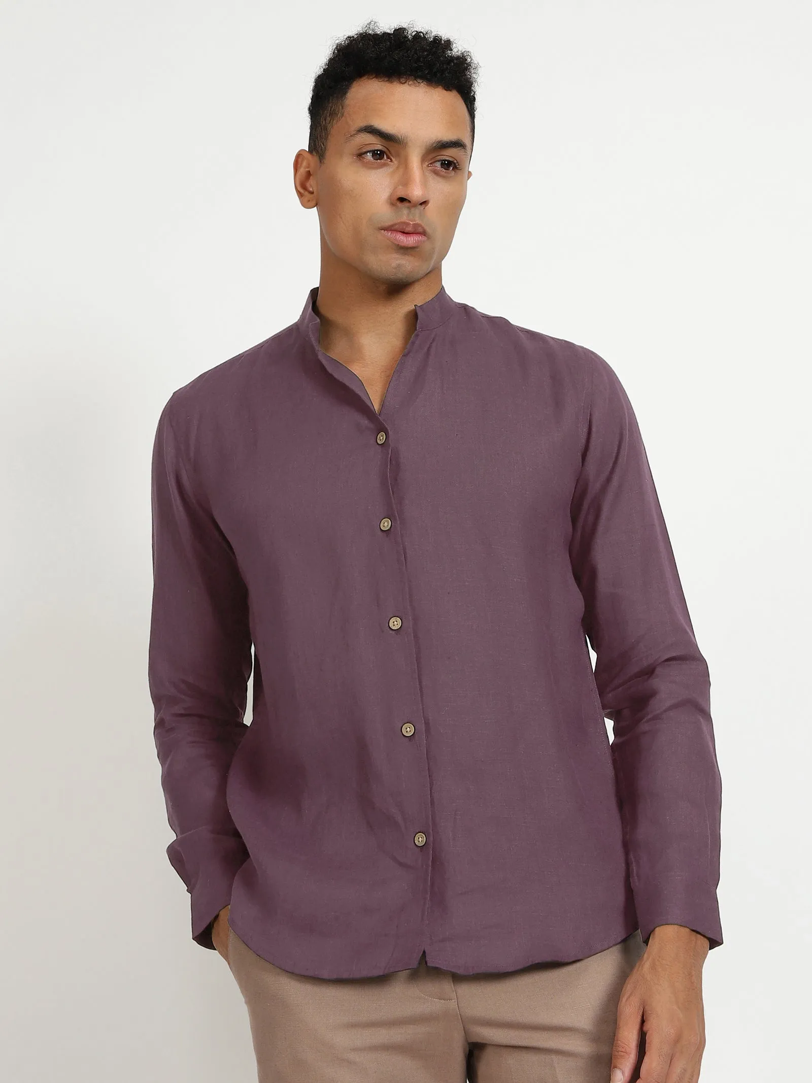 Craig - Pure Linen V Neck Full Sleeve Shirt - Berry Purple