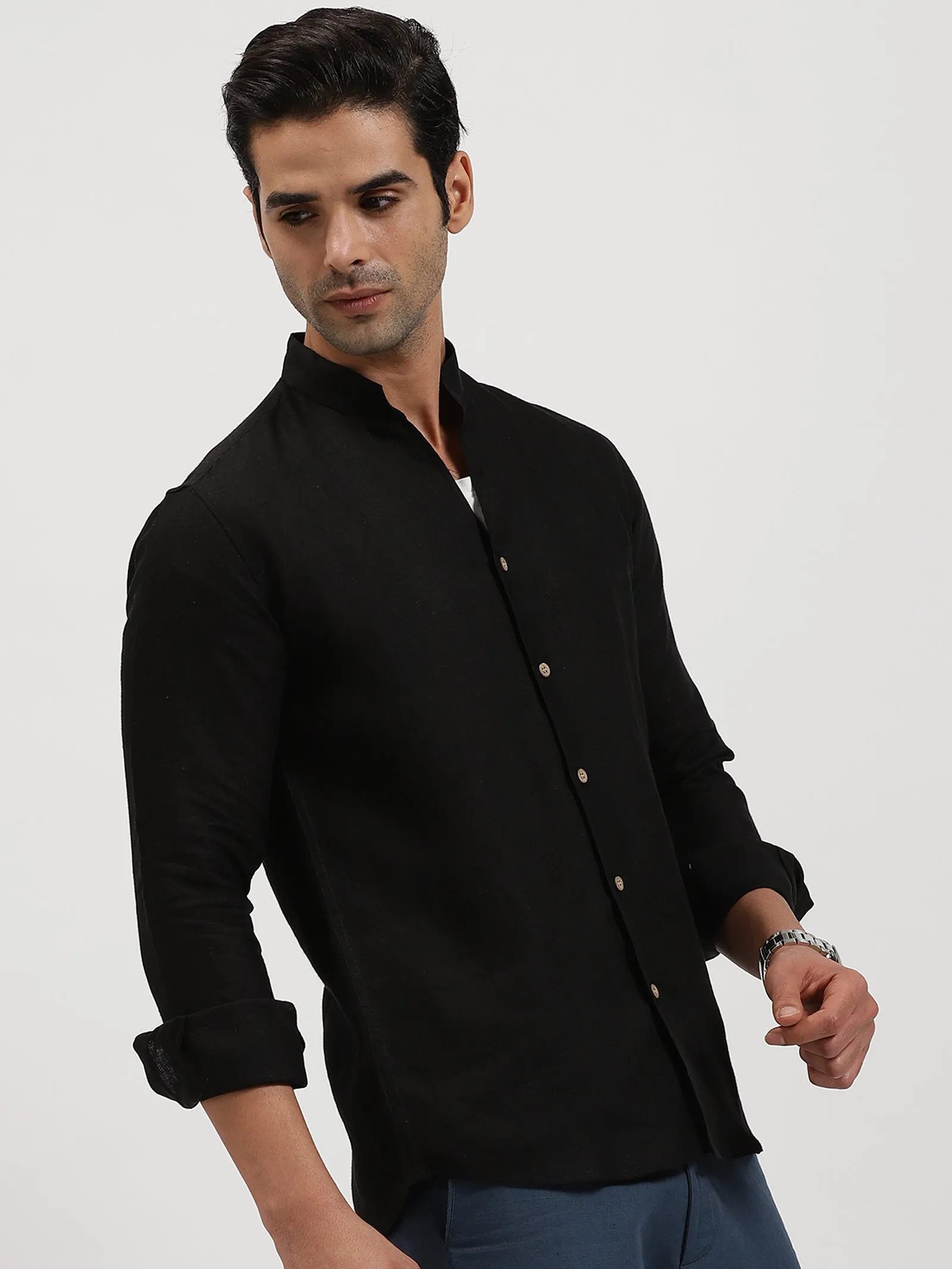 Craig - Pure Linen V Neck Full Sleeve Shirt - Black